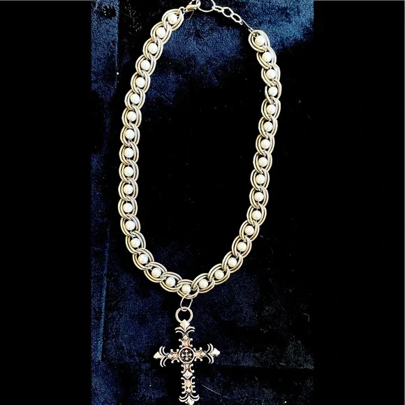 Upcycled Silvertone and Pearl Cross Necklace - Picture 1 of 3